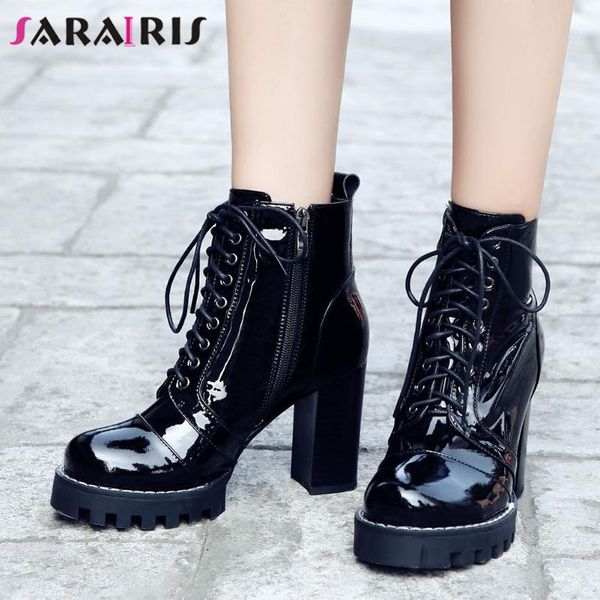 sarairis cool lace-up platform boots women high heels boots ladies classic design patent leather ankle shoes, Black 
sarairis cool lace-up platform boots women high heels boots ladies classic design patent leather ankle shoes, Black