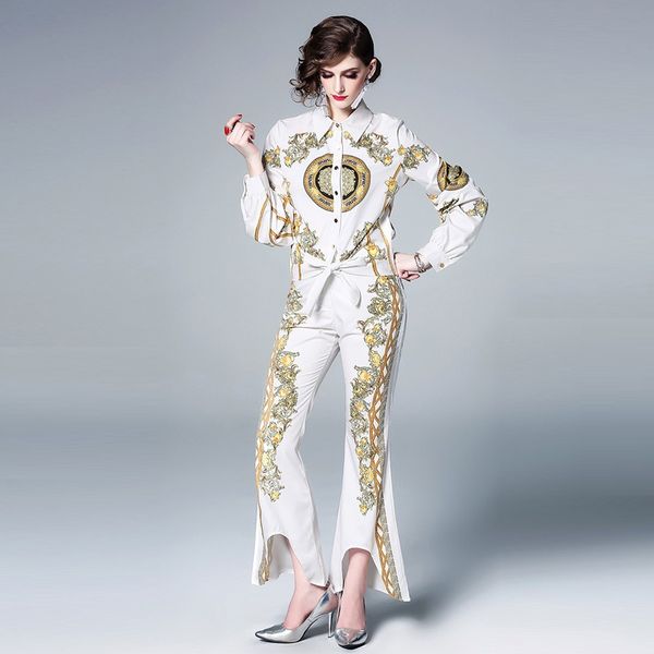 fashion runway designer pant suit set women's long sleeve retro pattern print blouse and high waist pants set 2 piece sets, White
fashion runway designer pant suit set women's long sleeve retro pattern print blouse and high waist pants set 2 piece sets, White