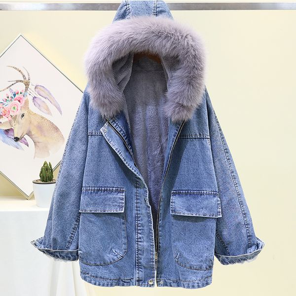 2020 winter thick warm big fur collar hooded fleece denim coat women black outwear korean loose zipper long jeans jacket femalex1016, Black;brown
2020 winter thick warm big fur collar hooded fleece denim coat women black outwear korean loose zipper long jeans jacket femalex1016, Black;brown
