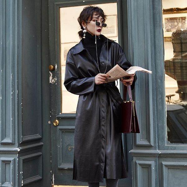 ly varey lin new autumn women vintage faux leather long jacket turn-down collar single-breasted with belt casual outerwear 201030, Black
ly varey lin new autumn women vintage faux leather long jacket turn-down collar single-breasted with belt casual outerwear 201030, Black