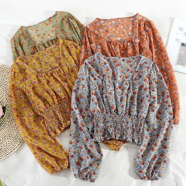 amoy2021 women's blouses & shirts 2021 delivery fast printing long-sleeved short version beautiful girl good quality elastic women', White
