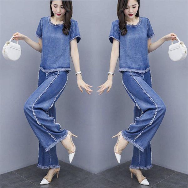 tracksuit for women 2019 summer new womens loose large size crop +denim pants suit female plus size fashion two piece sets, Gray 
tracksuit for women 2019 summer new womens loose large size crop +denim pants suit female plus size fashion two piece sets, Gray