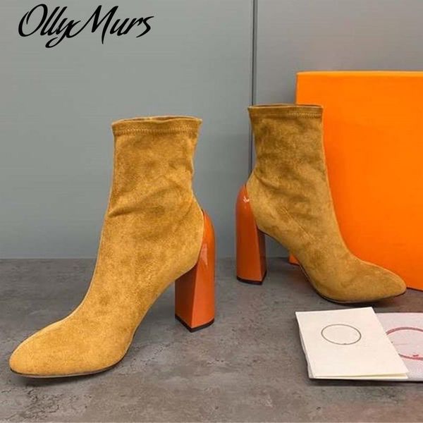 ankle boots women genuine leather short boots women thick high heel shoes slip on, Black