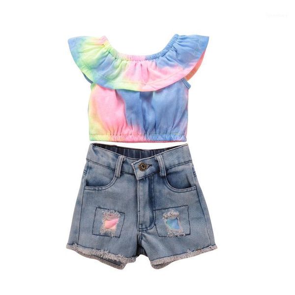 new girl's 2pcs clothes set sleeveless ruffled boat neck colorful short with short ripped jeans for summer1, White
new girl's 2pcs clothes set sleeveless ruffled boat neck colorful short with short ripped jeans for summer1, White