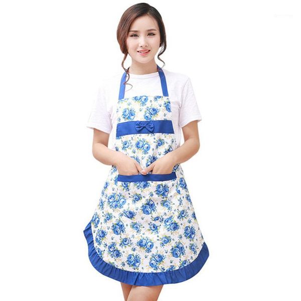 women bib floral print bowknot kitchen restaurant cooking pocket dress apron1