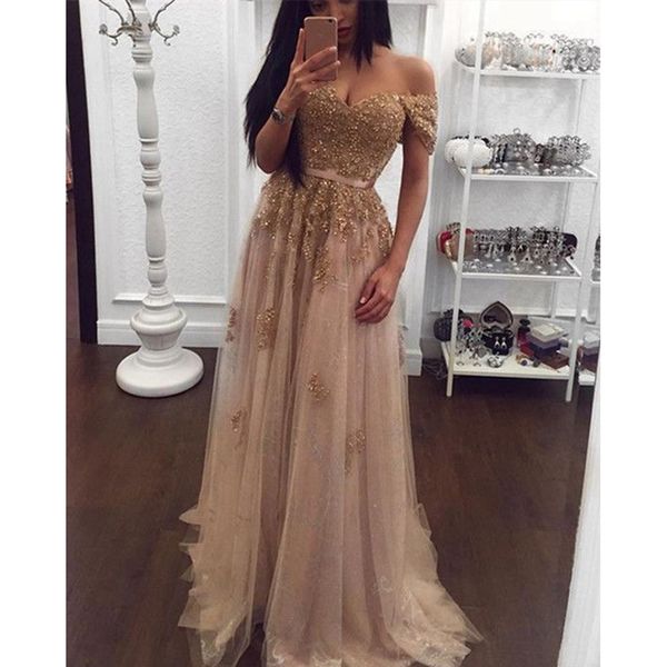 champagne off the shoulder prom dresses long lace appliques beads tulle floor length saudi arabia evening dresses cp864, White;black
champagne off the shoulder prom dresses long lace appliques beads tulle floor length saudi arabia evening dresses cp864, White;black