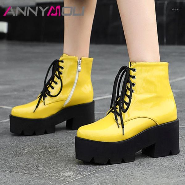annymoli ankle boots women shoes patent leather platform high heel short boots lace up zip thick heels ladies yellow 431, Black
annymoli ankle boots women shoes patent leather platform high heel short boots lace up zip thick heels ladies yellow 431, Black