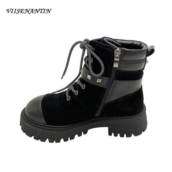 thick-soled lace-up flock rivet ankle boots women new british style short boots solid thin frosted stitching, Black
thick-soled lace-up flock rivet ankle boots women new british style short boots solid thin frosted stitching, Black