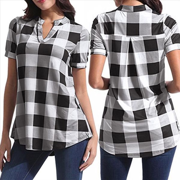 women casual plaid shirt printed short sleeve v neck and blouses irregular hem ladies shirt plus size feminino female, White
women casual plaid shirt printed short sleeve v neck and blouses irregular hem ladies shirt plus size feminino female, White