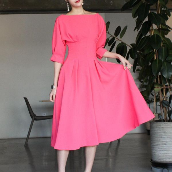 solid color long dress women slash neck puff sleeve ladies vestidos summer 2020 elegant slim waist female dresses1, White;black 
solid color long dress women slash neck puff sleeve ladies vestidos summer 2020 elegant slim waist female dresses1, White;black