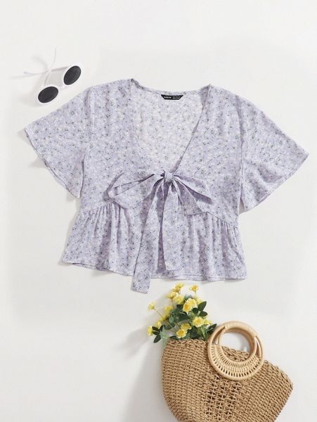 knot front ditsy floral ruffle hem blouse 47z4#, White
