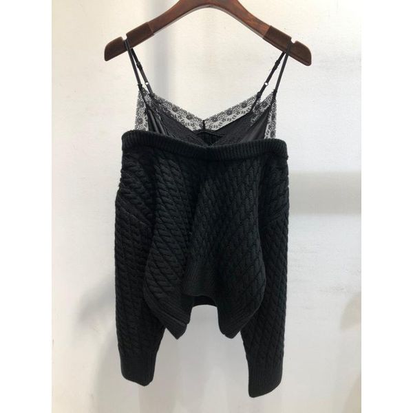 12.12 2021 new fashion long sleeve sling lace knitted pullover women, White;black
12.12 2021 new fashion long sleeve sling lace knitted pullover women, White;black