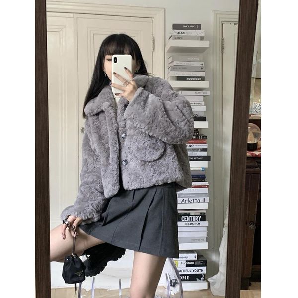 women's fur & faux korean version of retro fragrant taro bobo~short clothing with brushed lapel galaxy buckle imitation warm jacket, Black
women's fur & faux korean version of retro fragrant taro bobo~short clothing with brushed lapel galaxy buckle imitation warm jacket, Black