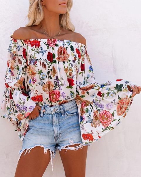 neck tshirt elastic band flared sleeves loose tees ladies summer casual clothes women floral slash, White 
neck tshirt elastic band flared sleeves loose tees ladies summer casual clothes women floral slash, White