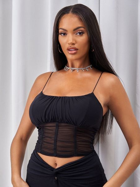 ruched sheer mesh cami g15q#, White