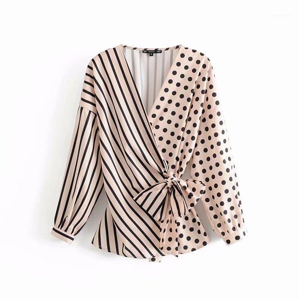 women cross v neck polka dot print patchwork stripe smock blouse shirts bow sashes kimono blusas chemise 1, White
women cross v neck polka dot print patchwork stripe smock blouse shirts bow sashes kimono blusas chemise 1, White