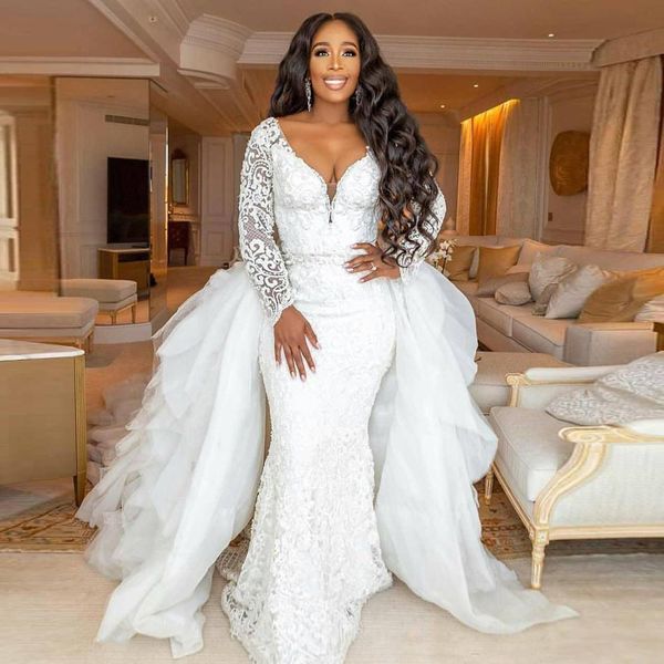 2021 new african luxury mangoes plus size mermaid dress derachable train deep neckline v black girl lace wedding gown mz6a, White
2021 new african luxury mangoes plus size mermaid dress derachable train deep neckline v black girl lace wedding gown mz6a, White
