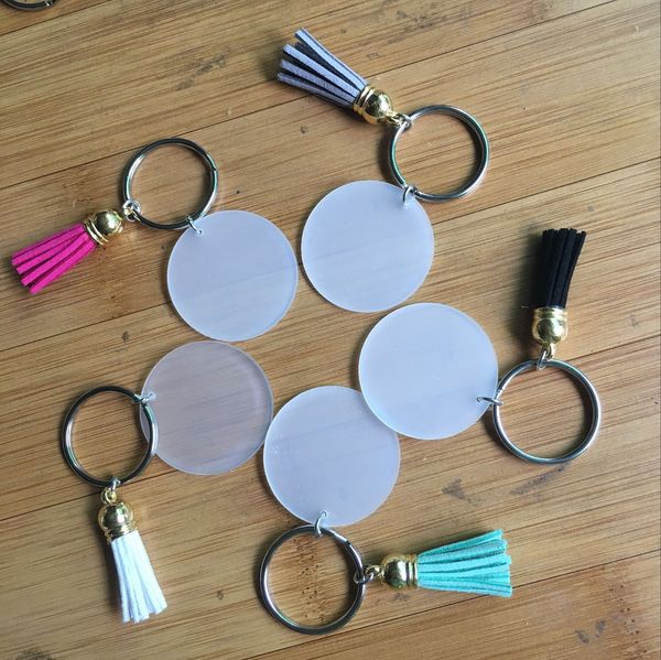 

4cm Blank Disc with 3cm Suede Tassel Vinyl Keyring Lowest Multi Color Available Gold Silver Monogrammed Clear Acrylic Disc Tassel Keychain