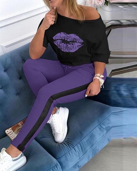 womens 2pcs lip striped tracksuits summer o-neck bat sleeve with long pants outfits women sport sets, White
womens 2pcs lip striped tracksuits summer o-neck bat sleeve with long pants outfits women sport sets, White