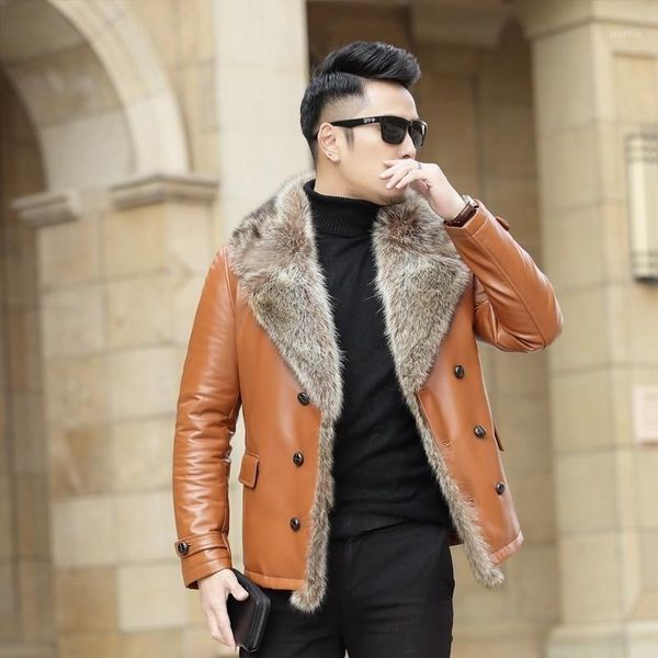 men's leather & faux luxury sheepskin raccoon fur collar genuine jackets men warm slim real coats winter down jacket man1, Black
men's leather & faux luxury sheepskin raccoon fur collar genuine jackets men warm slim real coats winter down jacket man1, Black