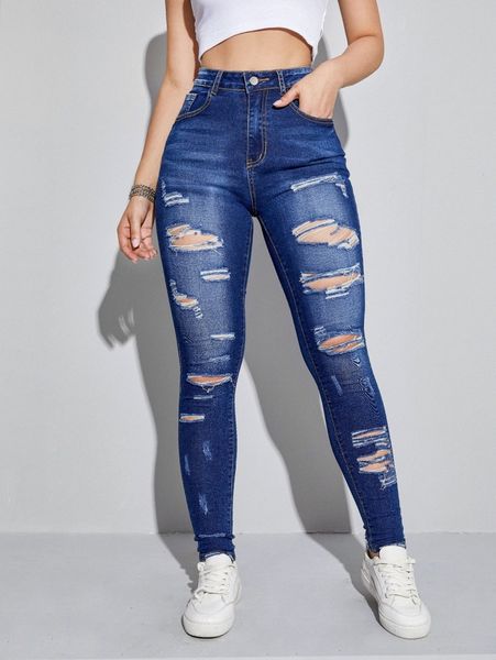 high waist skinny ripped jeans h8bh#, Blue