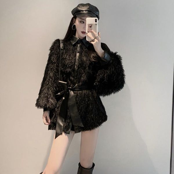 women's fur & faux jacket women autumn and winter lace-up waist wild leather stitching long sleeve coat tide manteau femme hiver z975, Black
women's fur & faux jacket women autumn and winter lace-up waist wild leather stitching long sleeve coat tide manteau femme hiver z975, Black