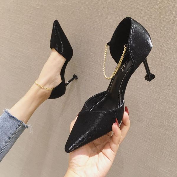 7.5cm heel new fashion women's high pumps pointed shallow chain strap kitten heel side empty fashion lady single shoes, Black
7.5cm heel new fashion women's high pumps pointed shallow chain strap kitten heel side empty fashion lady single shoes, Black