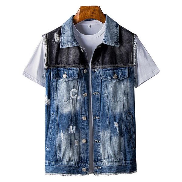 men's patchwork sleeveless fringe denim vest letters printed holes ripped jean waistcoat tank top, Black;white
men's patchwork sleeveless fringe denim vest letters printed holes ripped jean waistcoat tank top, Black;white