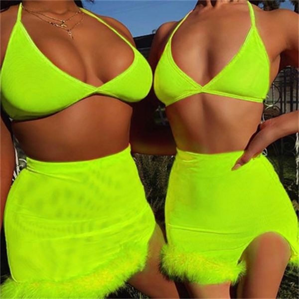 women mesh sheer neon green fluffy sleevless camis crop and split mini skirts two piece beach bathing suits outfits t200702, White
women mesh sheer neon green fluffy sleevless camis crop and split mini skirts two piece beach bathing suits outfits t200702, White