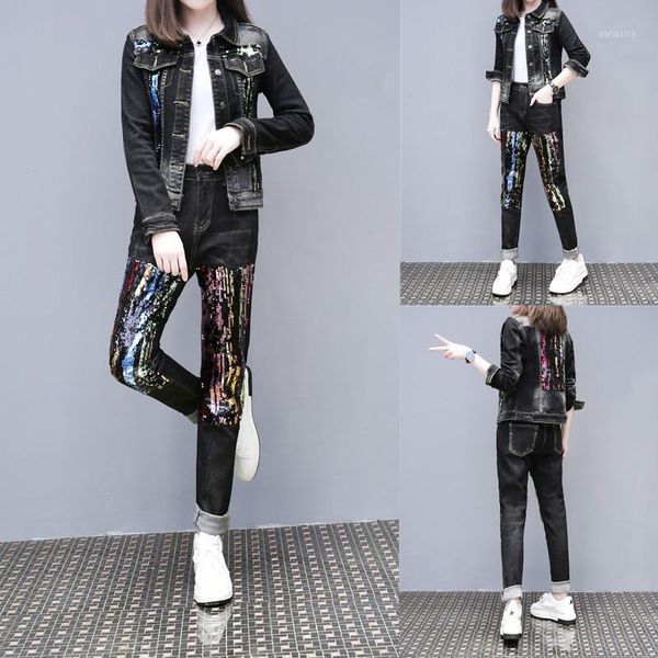 black denim suit female european 2020 spring autumn new color sequins bead elastic loose harem jeans jfmhrx two piece set women1, White
black denim suit female european 2020 spring autumn new color sequins bead elastic loose harem jeans jfmhrx two piece set women1, White