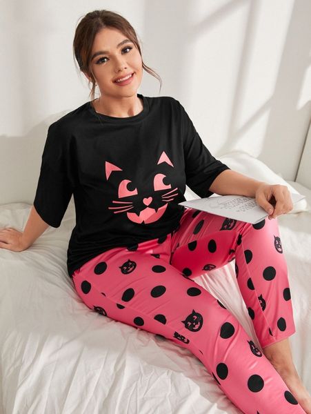plus cartoon graphic drop shoulder tee & polka dot print pants pj set e6ta#, Black;white
plus cartoon graphic drop shoulder tee & polka dot print pants pj set e6ta#, Black;white