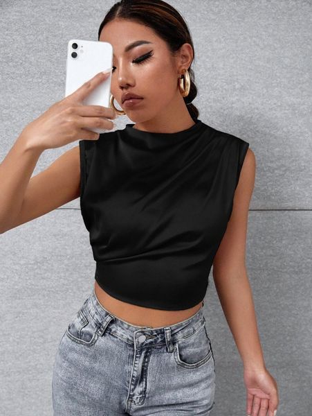 mock neck crop satin tank d1rj#, White