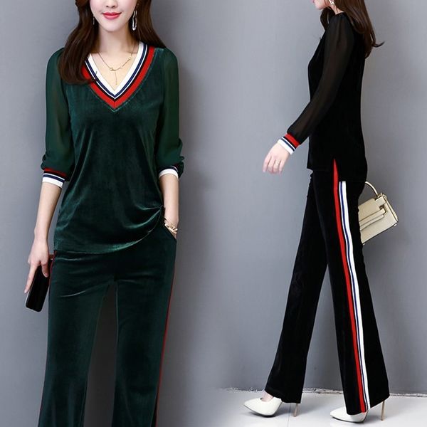 large size velvet tracksuit for women autumn female v neck splicing chiffon sleeve +pants fashion plus size suits 201119, White
large size velvet tracksuit for women autumn female v neck splicing chiffon sleeve +pants fashion plus size suits 201119, White