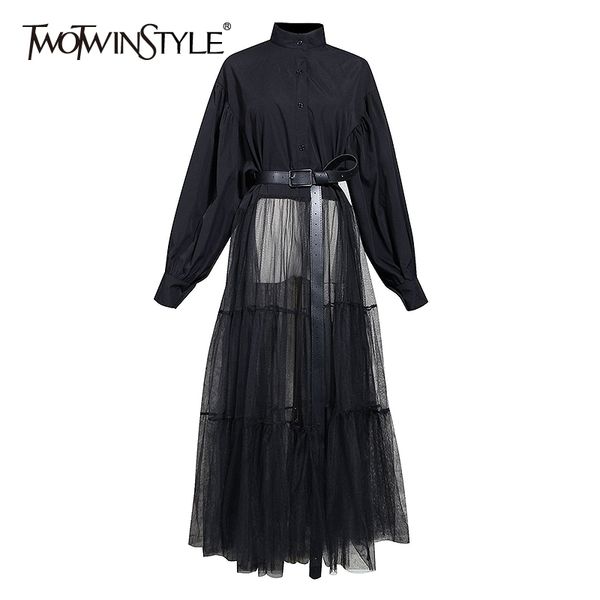 twotwinstyle patchwork mesh women dress stand collar lantern long sleeve high waist with sashes dresses female fashion clothing y200805, Black;pink
twotwinstyle patchwork mesh women dress stand collar lantern long sleeve high waist with sashes dresses female fashion clothing y200805, Black;pink