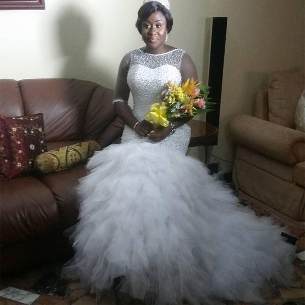 sparkly beaded mermaid wedding dresses sheer bateau neck half sleeves plus size bridal gowns tiered sweep train tulle robe de mariée, White
sparkly beaded mermaid wedding dresses sheer bateau neck half sleeves plus size bridal gowns tiered sweep train tulle robe de mariée, White