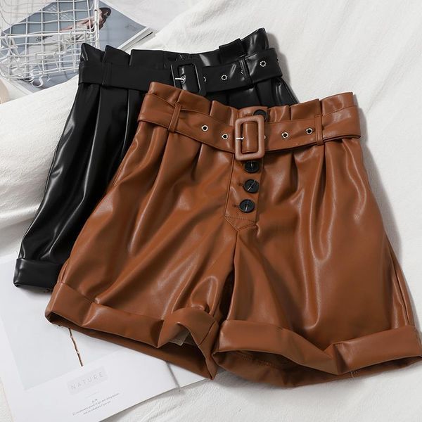 women autumn winter shorts sashes loose pu leather shorts chic button solid color high waist wide-leg shorts female pl505, White;black
women autumn winter shorts sashes loose pu leather shorts chic button solid color high waist wide-leg shorts female pl505, White;black