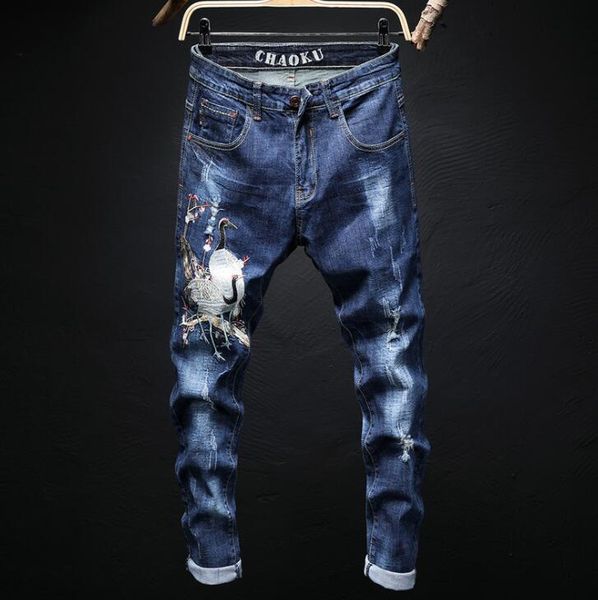 original design men's jeans new western style small straight elastic force trousers embroidery red-crowned crane slim pants, Blue
original design men's jeans new western style small straight elastic force trousers embroidery red-crowned crane slim pants, Blue