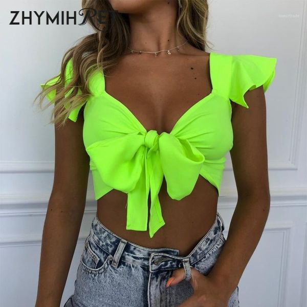 

women's tanks & camis zhymihret 2021 summer neon color ruffles crop women v neck tie front tank fashion streetwear festival, White