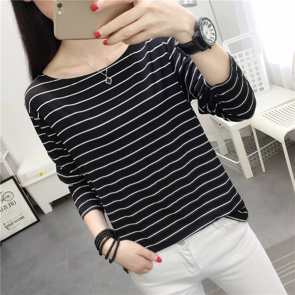 autumn 2019 black and white stripe long sleeve t-shirt for women opcoat easy to wearloose and thinwide crew neck imple bottoming
autumn 2019 black and white stripe long sleeve t-shirt for women opcoat easy to wearloose and thinwide crew neck imple bottoming