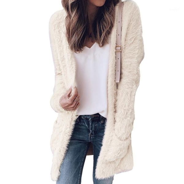 women cardigan fur jacket outerwear winter warm sweater fluffy coat1, Black