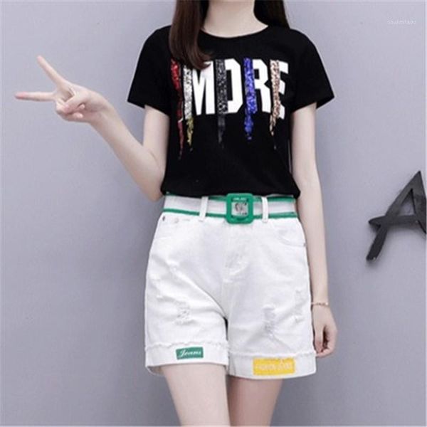2020 summer female tracksuit 2 piece sets pure cotton letters sequin short sleeve t-shirt+denim shorts leisure fashion suit1, White
2020 summer female tracksuit 2 piece sets pure cotton letters sequin short sleeve t-shirt+denim shorts leisure fashion suit1, White