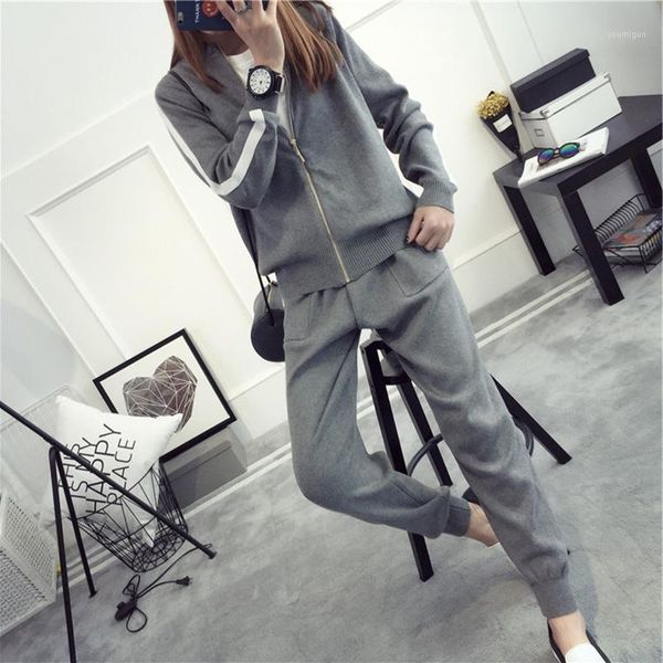women sweater pantsuit two piece set 2018 casual zipper cardigan long-sleeved striped and pants women knitted set1, White
women sweater pantsuit two piece set 2018 casual zipper cardigan long-sleeved striped and pants women knitted set1, White
