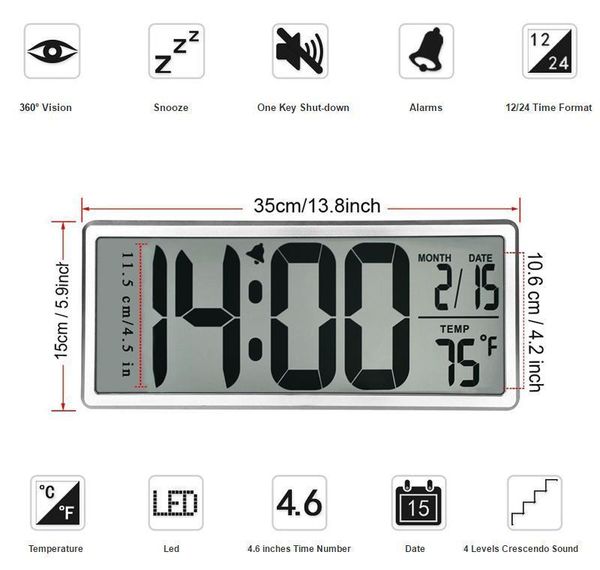 extra large vision digital wall clock jumbo alarm clock 13.8" lcd display alarm sn calendar indoor temp bbyrvi packing2010
extra large vision digital wall clock jumbo alarm clock 13.8" lcd display alarm sn calendar indoor temp bbyrvi packing2010