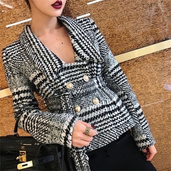 plaid notched collar women tweed blazer double breasted pockets tassel hem female loose casual outwear chic y201026, White;black
plaid notched collar women tweed blazer double breasted pockets tassel hem female loose casual outwear chic y201026, White;black