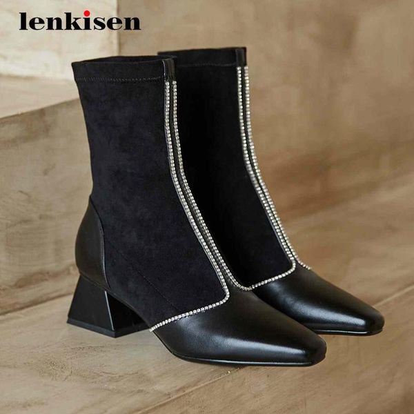 lenkisen stretch boots real cow leather mixed colors rhinestone thick med heel square toe slip on young lady mid-calf boots l42, Black
lenkisen stretch boots real cow leather mixed colors rhinestone thick med heel square toe slip on young lady mid-calf boots l42, Black