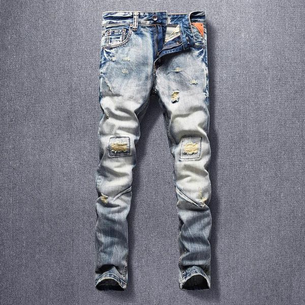 fashion streetwear men jeans retro slim fit ripped denim pants hombre patchwork spliced designer hip hop trousers, Blue
fashion streetwear men jeans retro slim fit ripped denim pants hombre patchwork spliced designer hip hop trousers, Blue