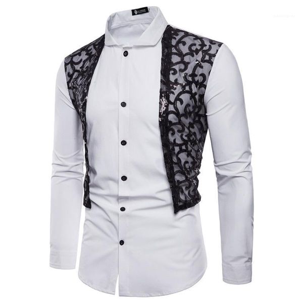 men's shirt long sleeve turn down collar single-breasted cardigan shirt with sequin lace casual patchwork slim type 1, White;black
men's shirt long sleeve turn down collar single-breasted cardigan shirt with sequin lace casual patchwork slim type 1, White;black