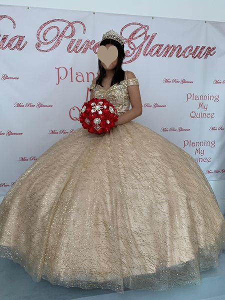 off shoulder with spaghetti straps sparkly wave stripes metallic seuqined lace champagne gold quinceanera ball gown for girls, Blue;red
off shoulder with spaghetti straps sparkly wave stripes metallic seuqined lace champagne gold quinceanera ball gown for girls, Blue;red