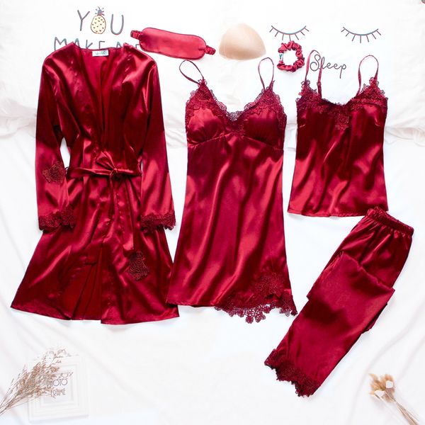 women pajamas 3 & 6 pieces sets satin sleepwear pijama silk home wear embroidery sleep lounge pyjama with chest pads lj200822, Black;red
women pajamas 3 & 6 pieces sets satin sleepwear pijama silk home wear embroidery sleep lounge pyjama with chest pads lj200822, Black;red