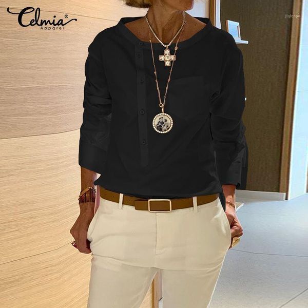 women's blouses & shirts celmia vintage women blouse 2021 fashion office ladies long sleeve buttons solid blusas plus size 5xl 4xl tun, White
women's blouses & shirts celmia vintage women blouse 2021 fashion office ladies long sleeve buttons solid blusas plus size 5xl 4xl tun, White